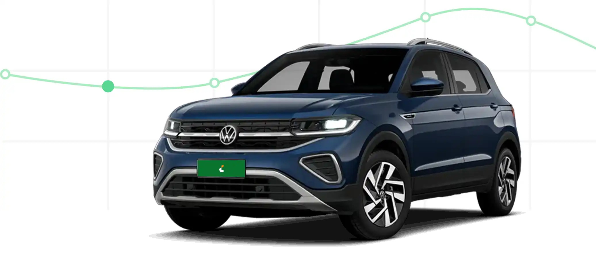 Carro volkswagen t-cross azul e ao fundo um gráfico