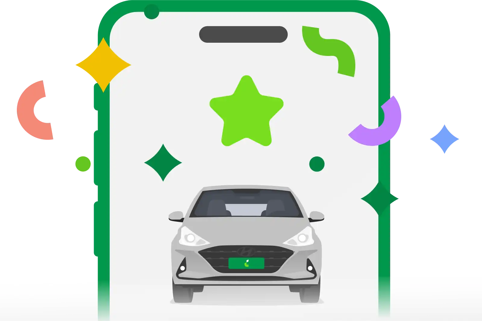 Ilustração de um celular com um carro cinza na tela. Confetes saindo da foto