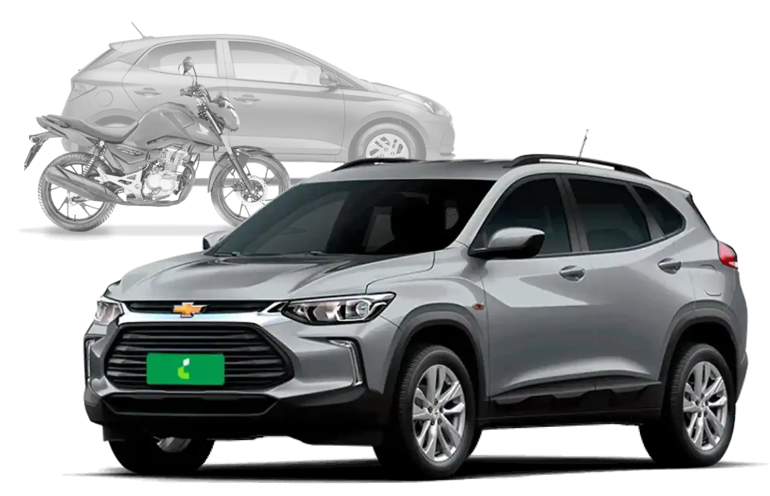Carro Chevrolet Tracker destacado na imagem com um carro hatch e uma moto apagados ao fundo.
